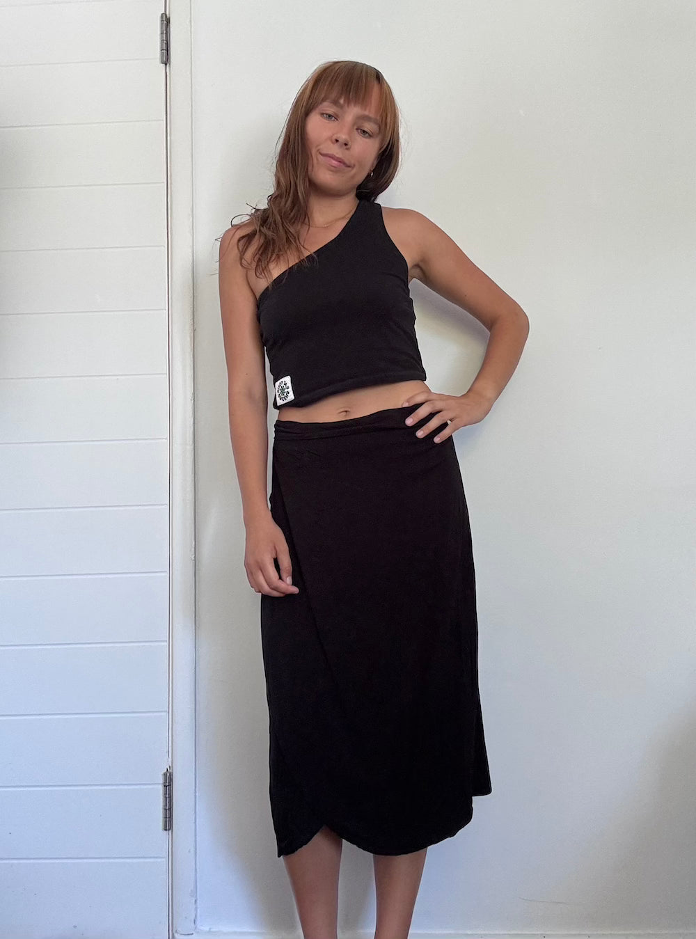 Black wrap midi skirt