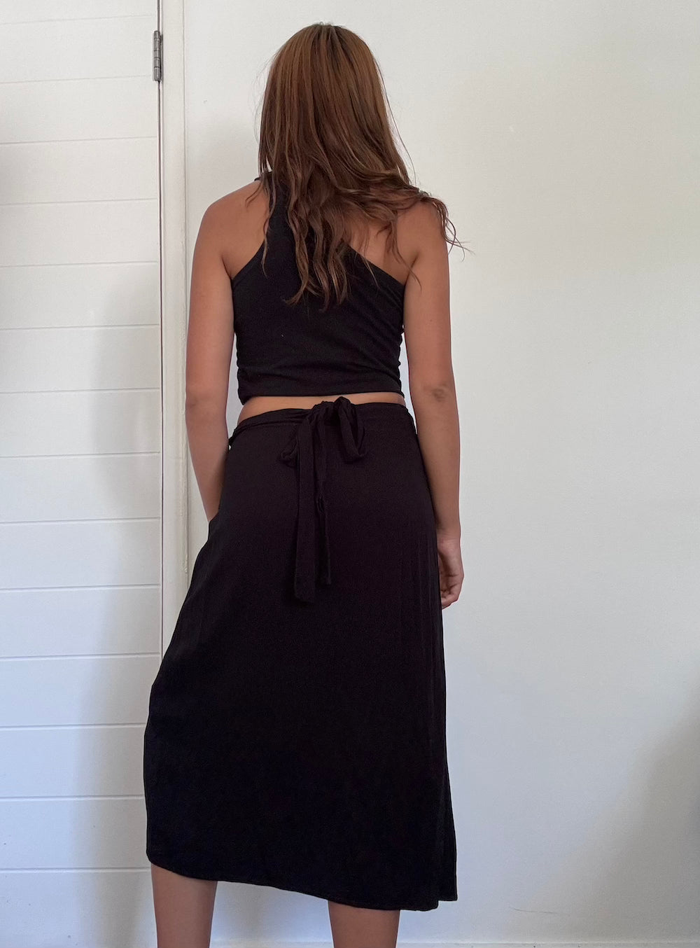 Black wrap midi skirt