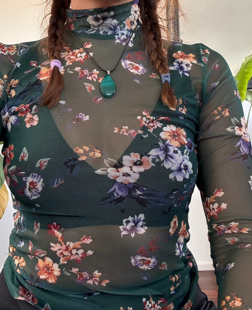 Green floral mesh shirt