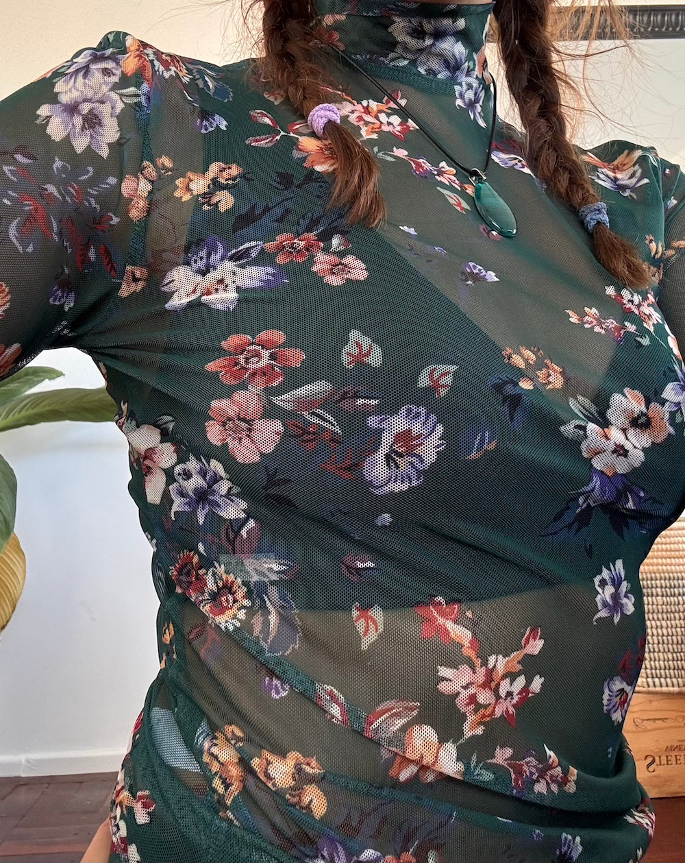 Green floral mesh shirt
