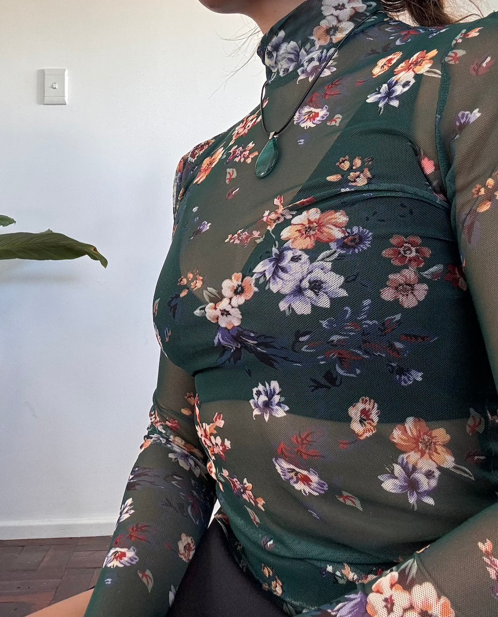 Green floral mesh shirt