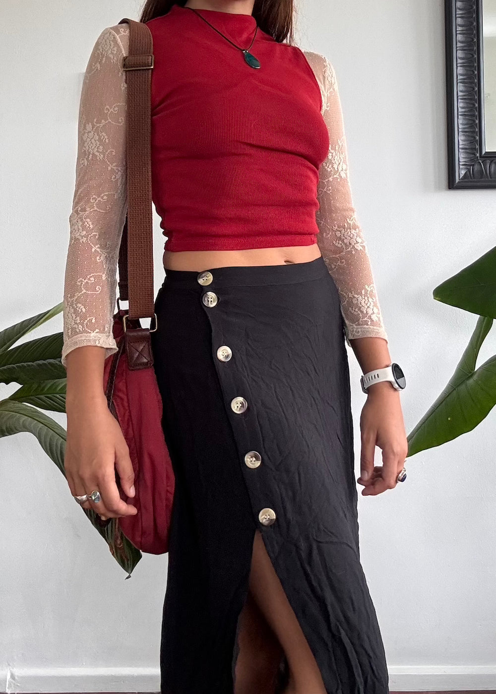 Black button up midi skirt